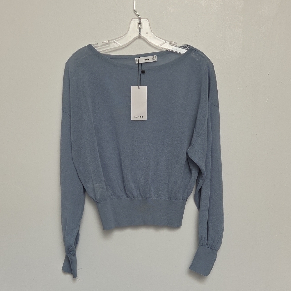 Mango Stone Silver Grsy  Boat Neck Bishops Long Sleeve Knitted Top Sz S Sweater